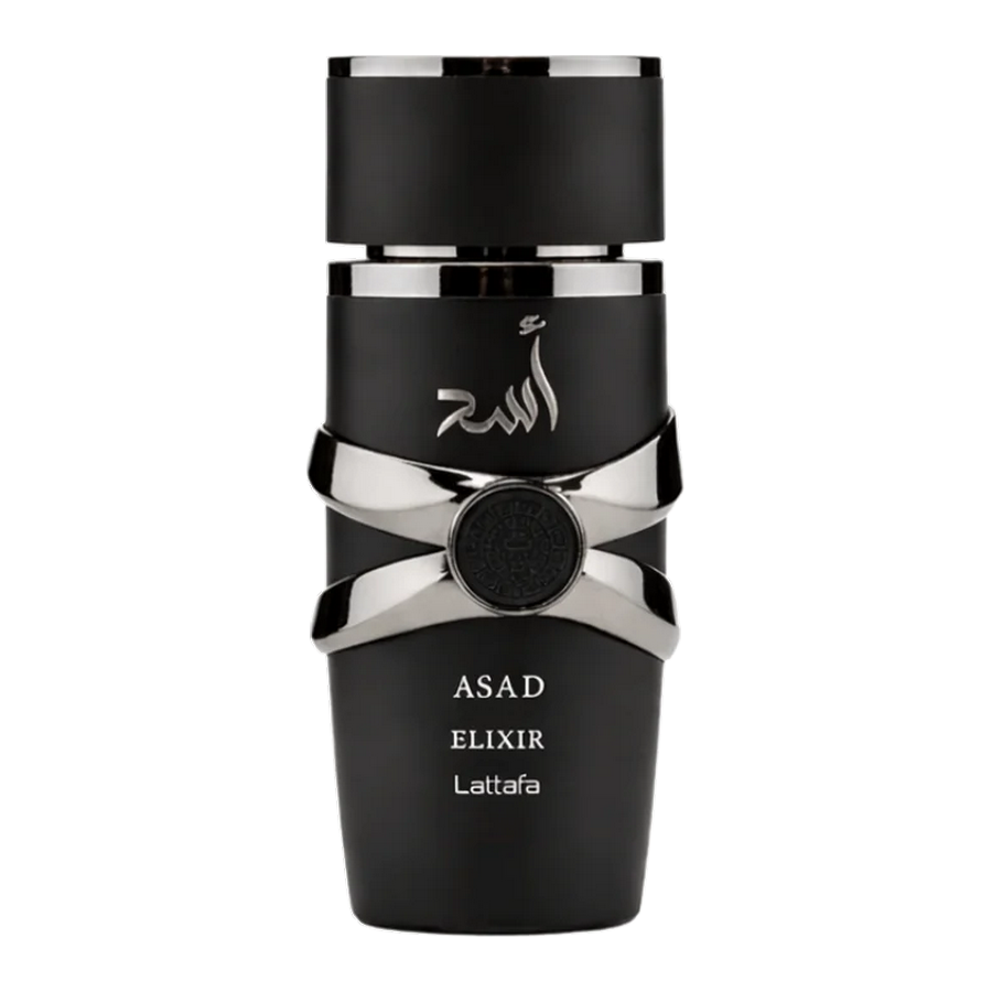 Lattafa Asad Elixir Eau de Parfum 100ml bottiglia nera vista frontale