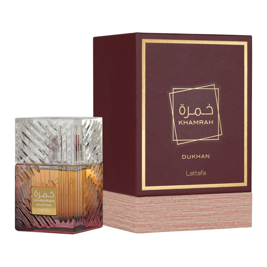 Lattafa Khamrah Dukhan Eau de Parfum 100ml dettaglio flacone e scatola